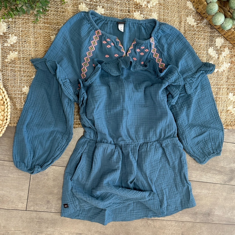 Tea Collection Girls Aegean Blue Embroidered Ruffle Boho Dress with Pockets